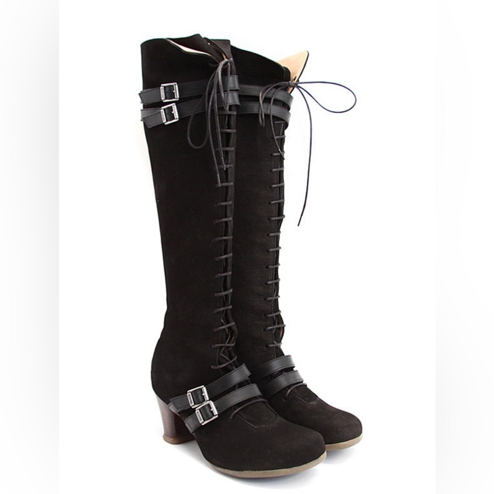 John Fluevog Black Suede Operetta Hjordis Boots with Buckles, Sz 10